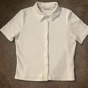 Women's White Ribbed Button-Front Polo Shirt Size S Short Sleeve Casual